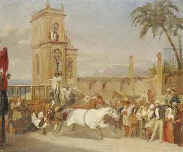 Wild Horses Rearing At The Start Of A Race In A Mexican Plaza - view 1
