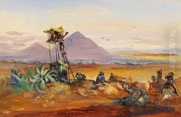Feldhuter Bei Der Sonnenpyramide Von Teotihuacan Mit Popocatepetl Im Hintergrund - view 1