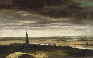 A River Landscape With A View Of A Dutch Town by Jan Ruijscher