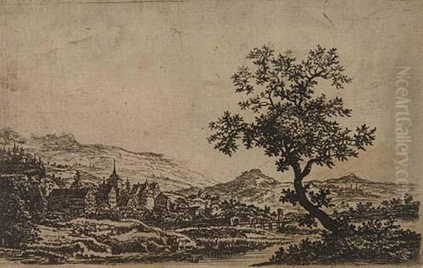 Landscape With A Castle And Some Houses To The Left, A Large Tree To The Right. - view 1