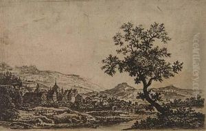 Landscape With A Castle And Some Houses To The Left, A Large Tree To The Right. by Jan Ruijscher
