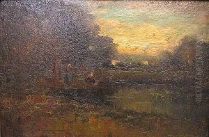 Two Figures By A Pond In A Pastoral Landscape; A Pond In A Forest Clearing; A Figure On A Path (group Of Three) by Benigino Yamero Ruiz