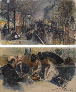 Boulevard St. Martin; Au Cafe: A Pair Of Sketchbook Pages by Manuel Bernardino Ruiz Sanchez Morales
