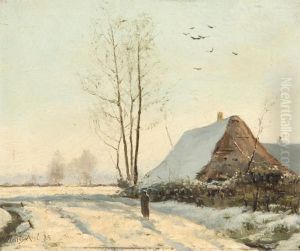Woman Near A Farmhouse In Winter. by Henry Rul