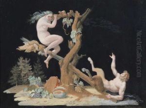 Bacchanale Scene Met Sater En Naakt Op De Wip, Stilleven Op De Voorgrond