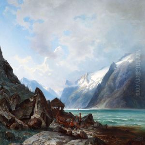 Norwegian Fiord With Fishermen Near Their Boats Norwegian Fiord With Fishermen Near Their Boats