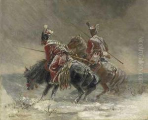 Berittene Wachposten Im Wintersturm by Emil Rumpf
