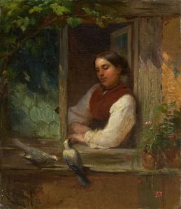 Christine Rumpf Am Fenster Mit Zwei Tauben