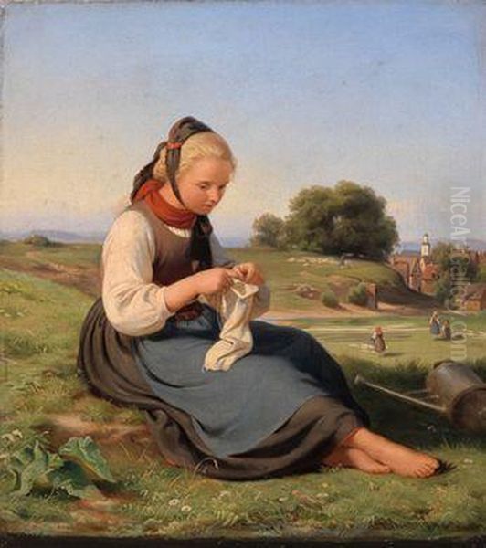Madchen Mit Handarbeit Vor Einem Weiten Landschaftshintergrund - view 1