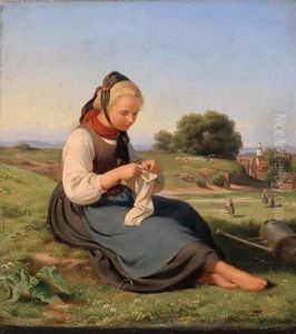 Madchen Mit Handarbeit Vor Einem Weiten Landschaftshintergrund by Peter Philipp Rumpf