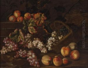 Pesche E Ceste Di Vimini Con Tralci Di Uva E Meloni Disposti Su Due Ripiani by Giovan Battista Ruoppolo
