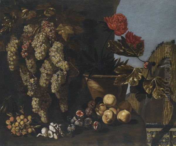 Still Life With Hanging Grapes On The Vine, Figs And Fungi In A Garden Setting - view 1