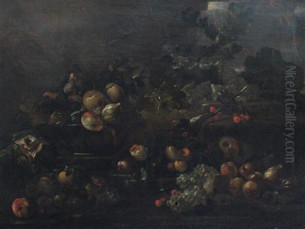 Still Life Of Fruit And A Glass Bowl On A Ledge - view 1