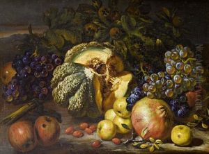 A Still Life Of Grapes, A Melon, Pomegranatesand Apples by Giovanni Battista Ruoppolo