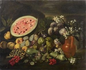Pesche, Un'anguria Aperta, Una Tartaruga,sorbe, Susine, Fichi, Una Zucca, E Crisantemi E Zagare In Unabrocca Di Terracotta; E by Giovanni Battista Ruoppolo