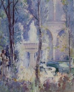 Figure In A Garden Standing Beside A Fountain by George Robert Rushton