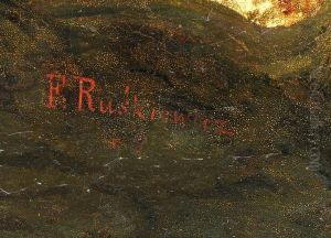 Bewaldete Flusslandschaft Mit Anglern, Bauern Und Kahn Im Vordergrund by Franciszek Ruskiewicz