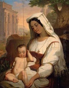 Romische Mutter Mit Kleinkind Vor Antiken Ruinen by Franz, Russ Snr.