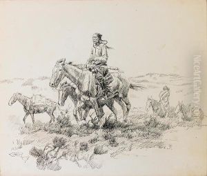 Indian On Horseback Traveling With A Squaw And Pack Horses by Charles Marion Russell