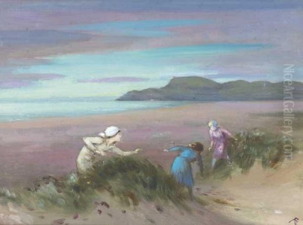 Three Children Playing In The Sanddunes - view 1