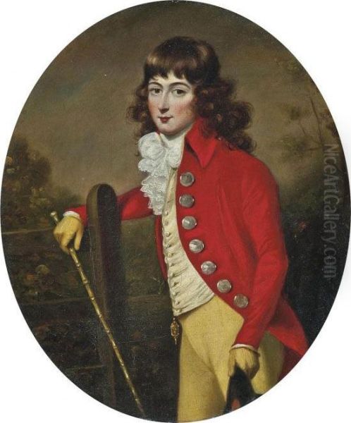 Portrait Of A Gentleman, Three-quarter-length, In A Scarlet Coat And Yellow Breeches, A Cane In His Right Hand, A Hat In His Left, In A Landscape - view 1