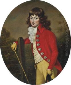 Portrait Of A Gentleman, Three-quarter-length, In A Scarlet Coat And Yellow Breeches, A Cane In His Right Hand, A Hat In His Left, In A Landscape by John Russell
