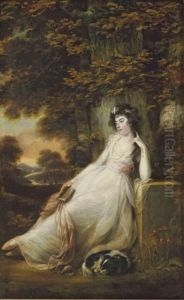 Portrait Of Miss S.d. Chambers, Full-length, In A White Dress, Seated With A Dog, In A River Landscape