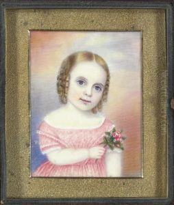 A Miniature Portrait Of A Young Girl In Pink Holding A Spray Of Pinks by Moses B. Russell