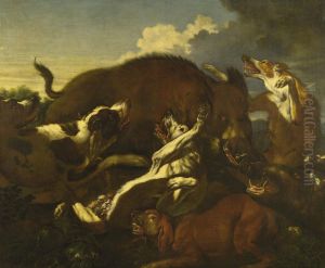 Wild Boar And Dogs by Carl Borromaus Andreas Ruthart