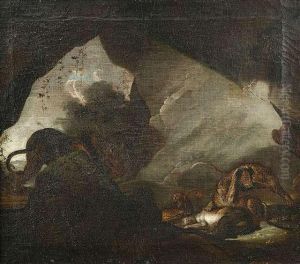 Lion And Leopards With Prey In A Rockylandscape. by Carl Borromaus Andreas Ruthart