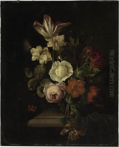 A Rose, Tulip, Carnation, Poppy And Other Flowers In A Vase On A Ledge, With A Butterfly by Rachel Ruysch