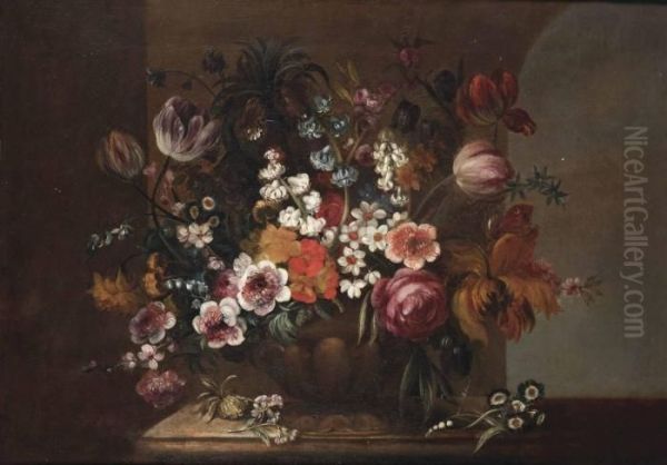 Tulips, Roses, Violets And Other Flowers In A Sculpted Vase On A Stone Ledge - view 1