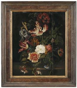 Two Flowerstill Lifes With Roses, Iris, Lilies, Carnations And Guelder Roseon A Stone Pedestal.