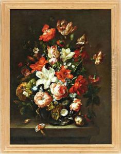 Bloemen In Vaas Op Een Plint Met Vlinder by Rachel Ruysch