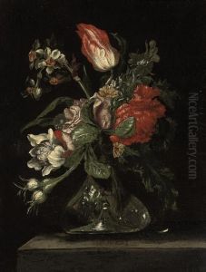 Parrot Tulips, Carnations, Narcissi And Other Flowers In A Glassvase On A Ledge by Rachel Ruysch