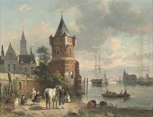 A Coastal Inlet With Figures And A Horse Before A Tower, A Ferry Beyond