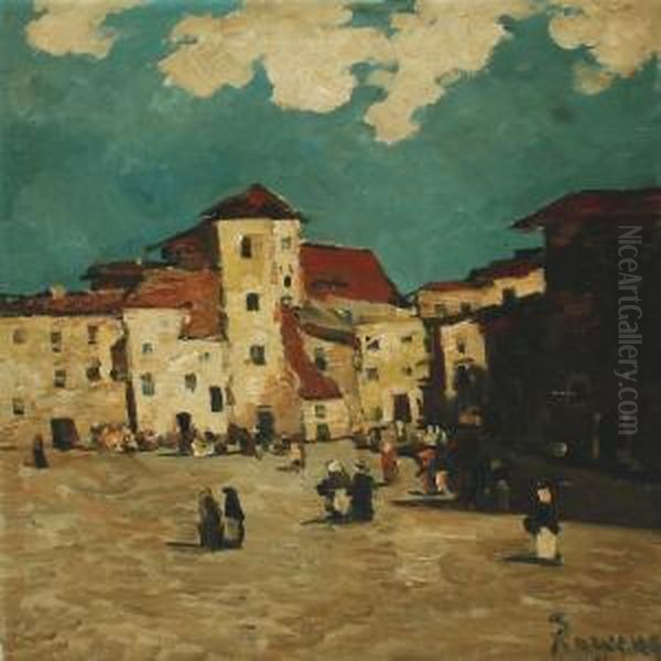 City Scenery From An Italian Plazza With Street Life - view 1