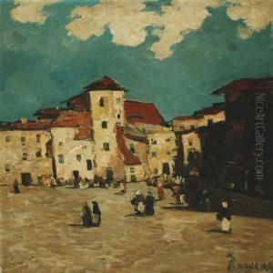 City Scenery From An Italian Plazza With Street Life