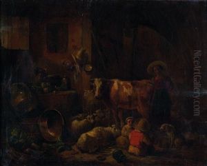 Bergere Et Ses Enfants Dans Une Etable