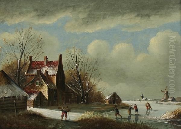 Winter Landscape With Skaters On A Frozen Lake - view 1
