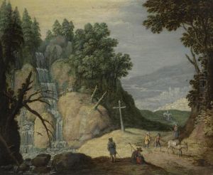 A Rocky Landscape With A Waterfall And Travellers On A Path