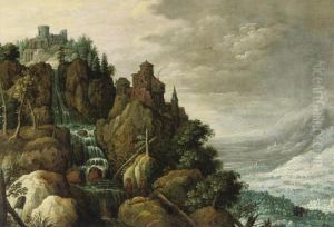 Marten Rijckaert A Mountainous Landscape With A Waterfall And A Fortification On Therocks, Figures Conversing In The Foreground