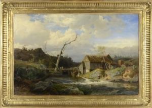 Landskap Med Vattenkvarn, Tvatterskor Och Metande Barn by Gustaf Rydberg