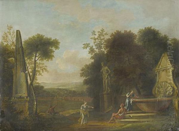 Figures At A Well, Amongst Classical Ruins, In An Italianate Landscape, With A Village In The Distance by Pieter Andreas Rysbrack