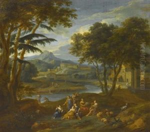 Group Of Figures Playing Music In A Broad Classical Landscape.