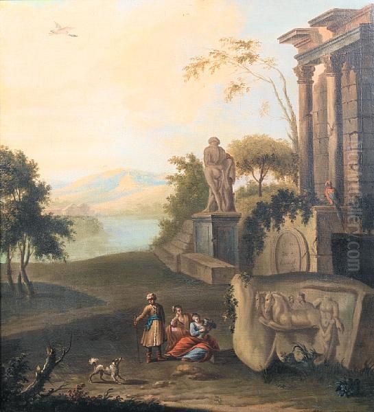 Figures Resting Before Classical Ruins, A Lakebeyond - view 1