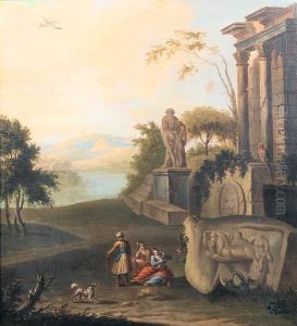 Figures Resting Before Classical Ruins, A Lakebeyond