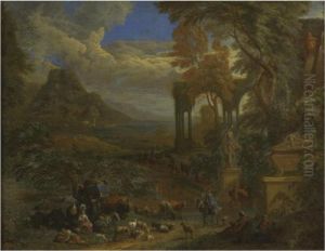 A Southern Landscape With Travellers Resting On A Path With Their Herd And Camels Near Antique Ruins