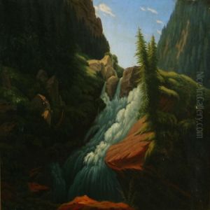 Fertile Norwegian Landscape With A Waterfall by Carl Anton Saabye
