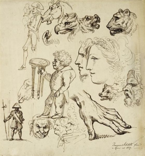 Sketch Sheet With Animal Heads, Figures In Profile And Further Studies - view 1